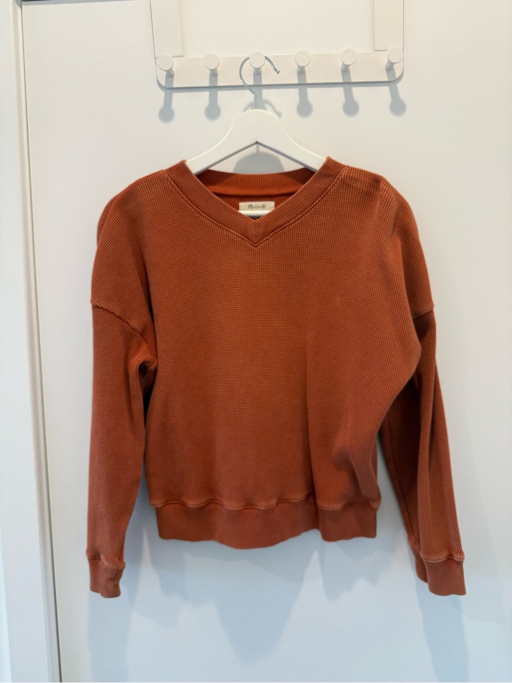 Madewell Rust Orange Waffle-Knit V-Neck Sweatshirt